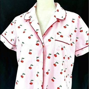 J.CREW Cotton Pajama Top Short Sleeve Pink with red and green cherries S…